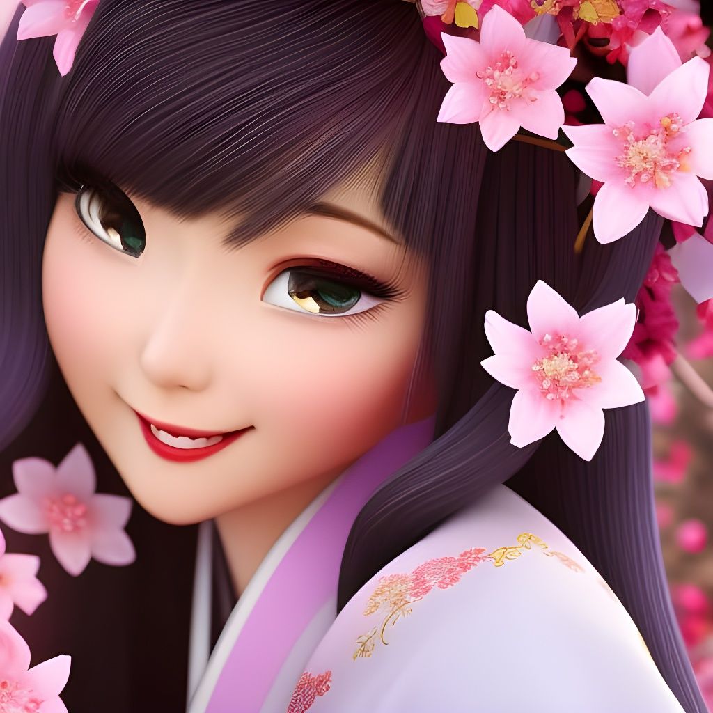 Pixar Princess with Kimono in Cherry Blossom Garden