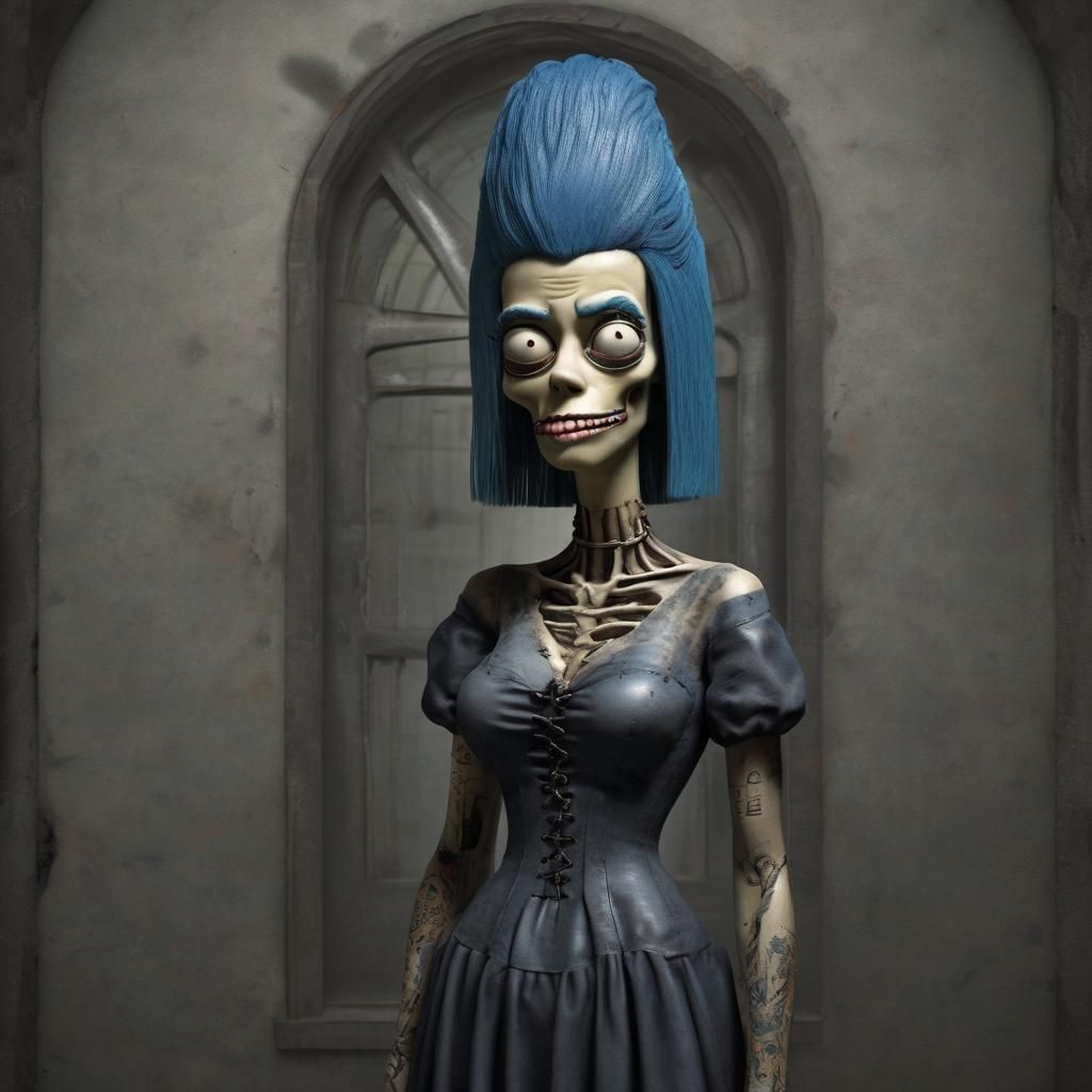 A hyperrealistic Halloween picture of Marge Simpson, from the cartoon "The Simpsons" with a blend of H.R. Geiger's biome...