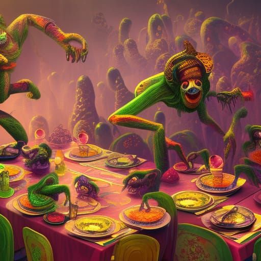 Monkey Aliens Vandalizing Dinner Table, Detailed Matte Paint...