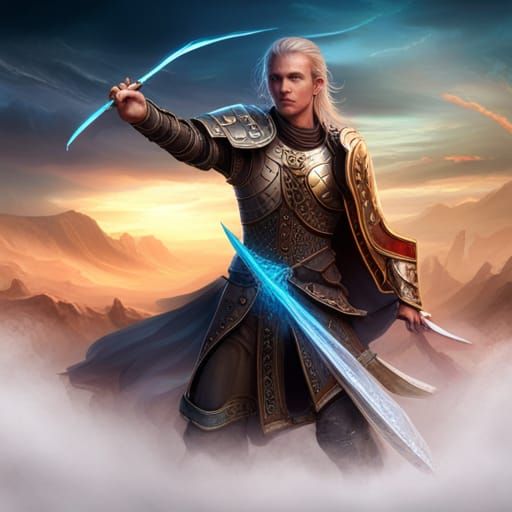 Fantasy Warrior with Sword in Epic Battle