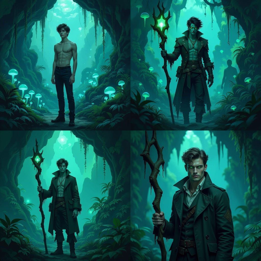 Subterranean Explorer in Bioluminescent Jungle