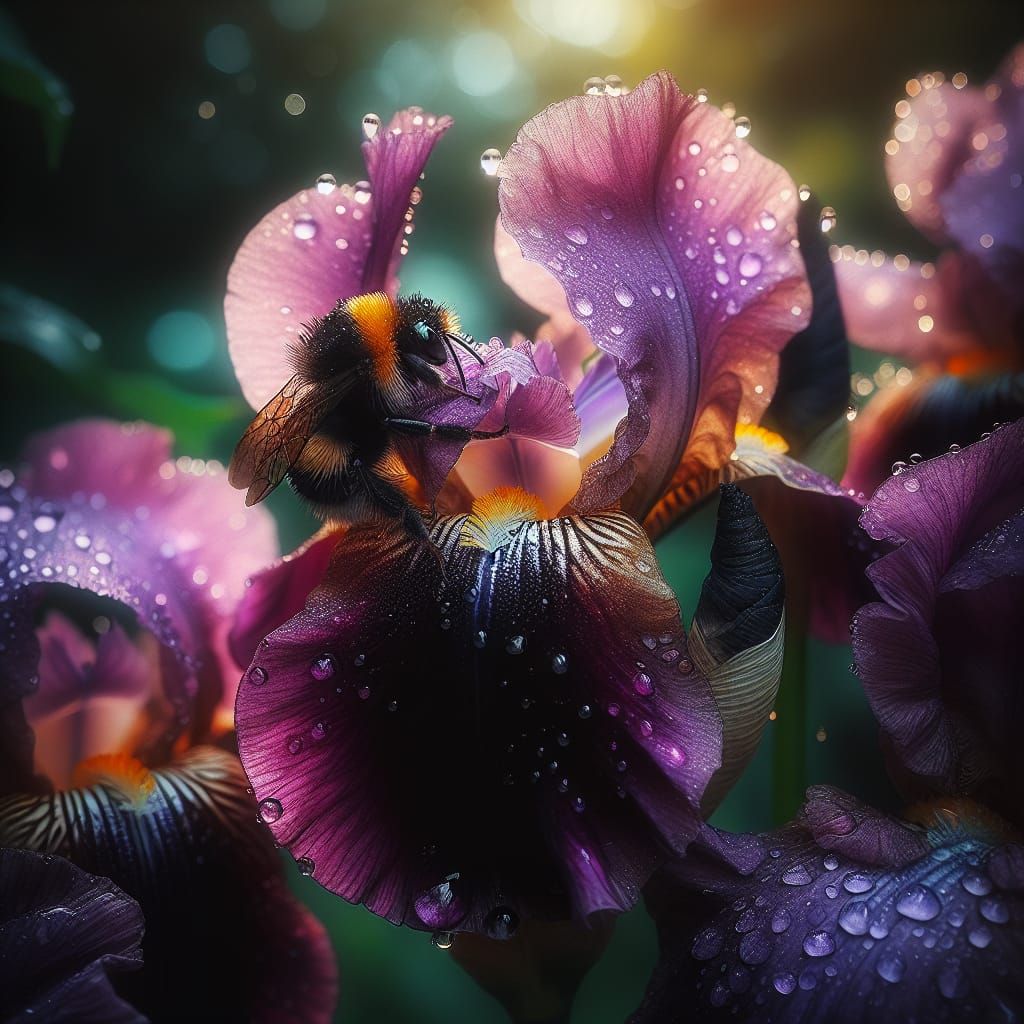 Bumble Bee Resting on Rain-Kissed Purple Iris