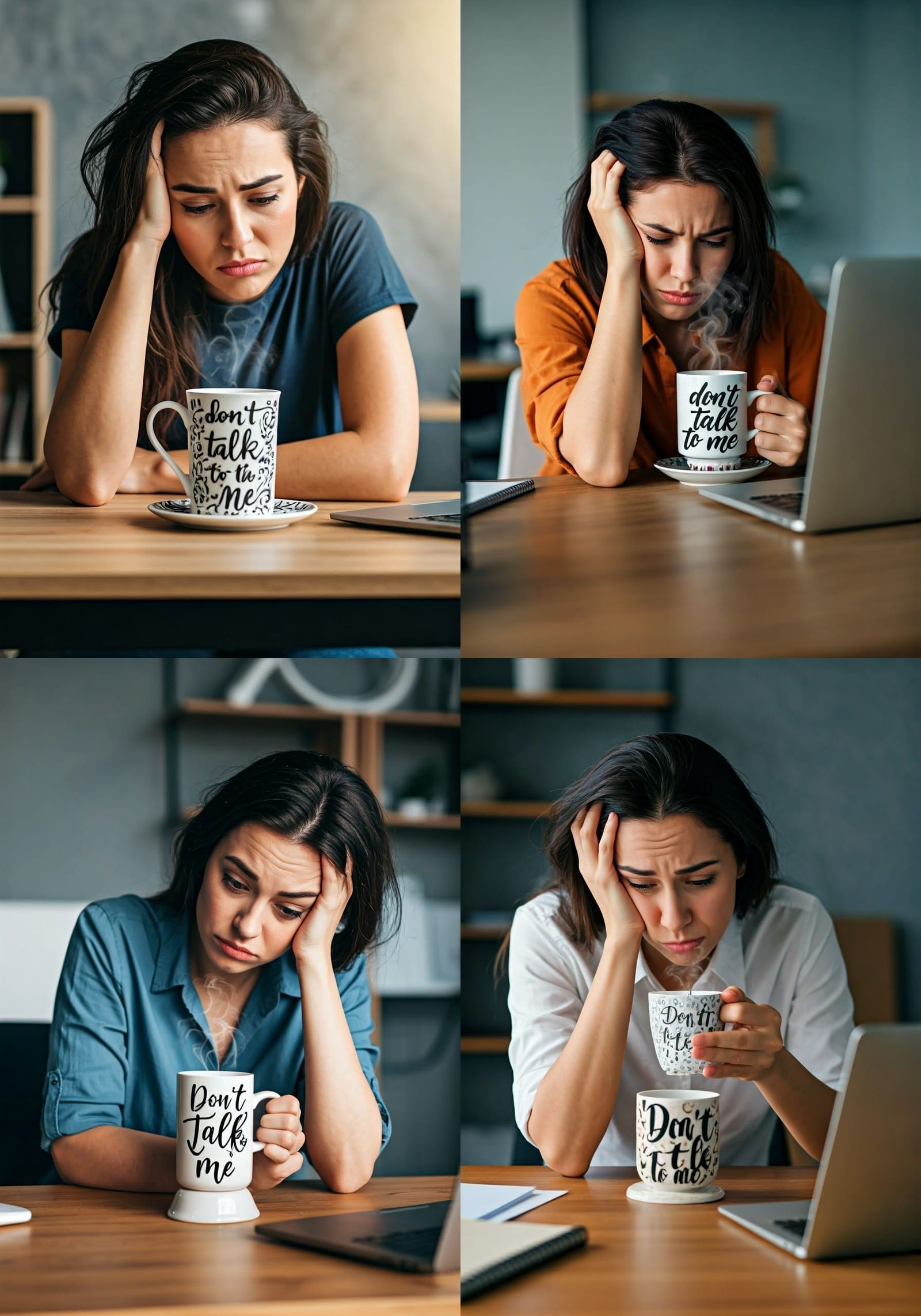 Exhausted Woman with Coffee Cup: "Don't Talk to Me"