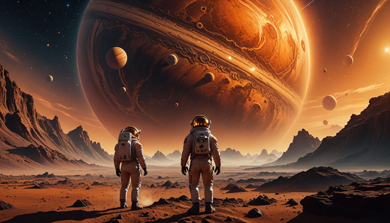 Astronaut on Alien Planet Gazing at Ringed Gas Giant