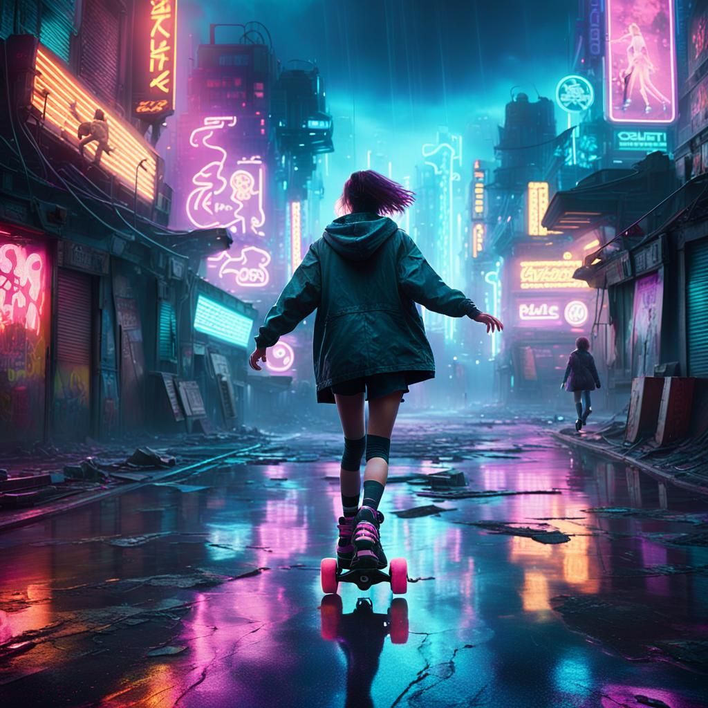 Woman Rollerskating in Misty Cyberpunk Cityscape