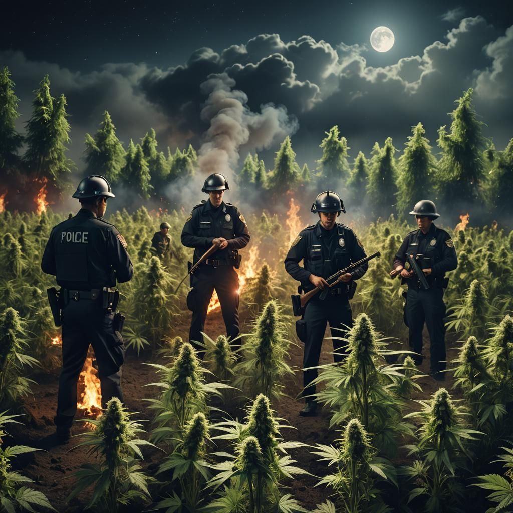 Police Burning Cannabis Field at Night