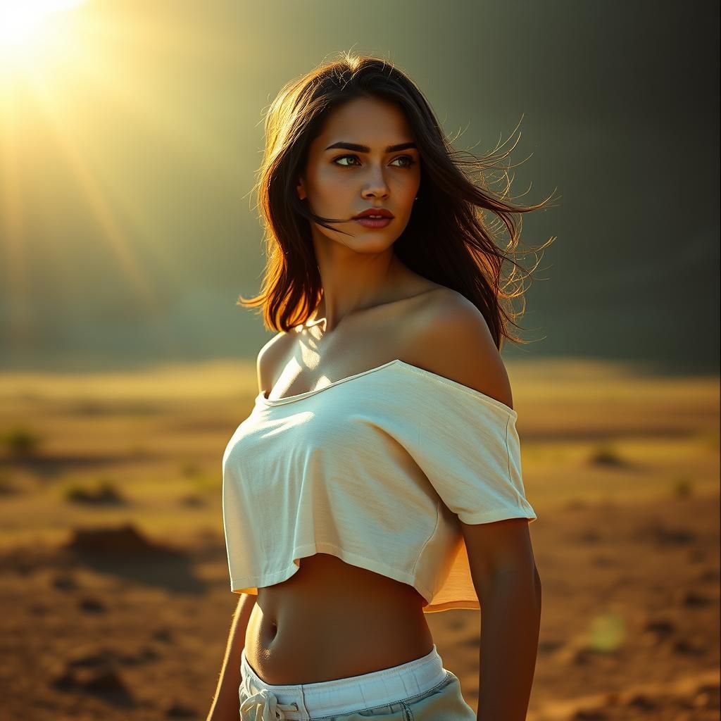 Brazilian Woman in Sun-Drenched Landscape, Cinematic Style