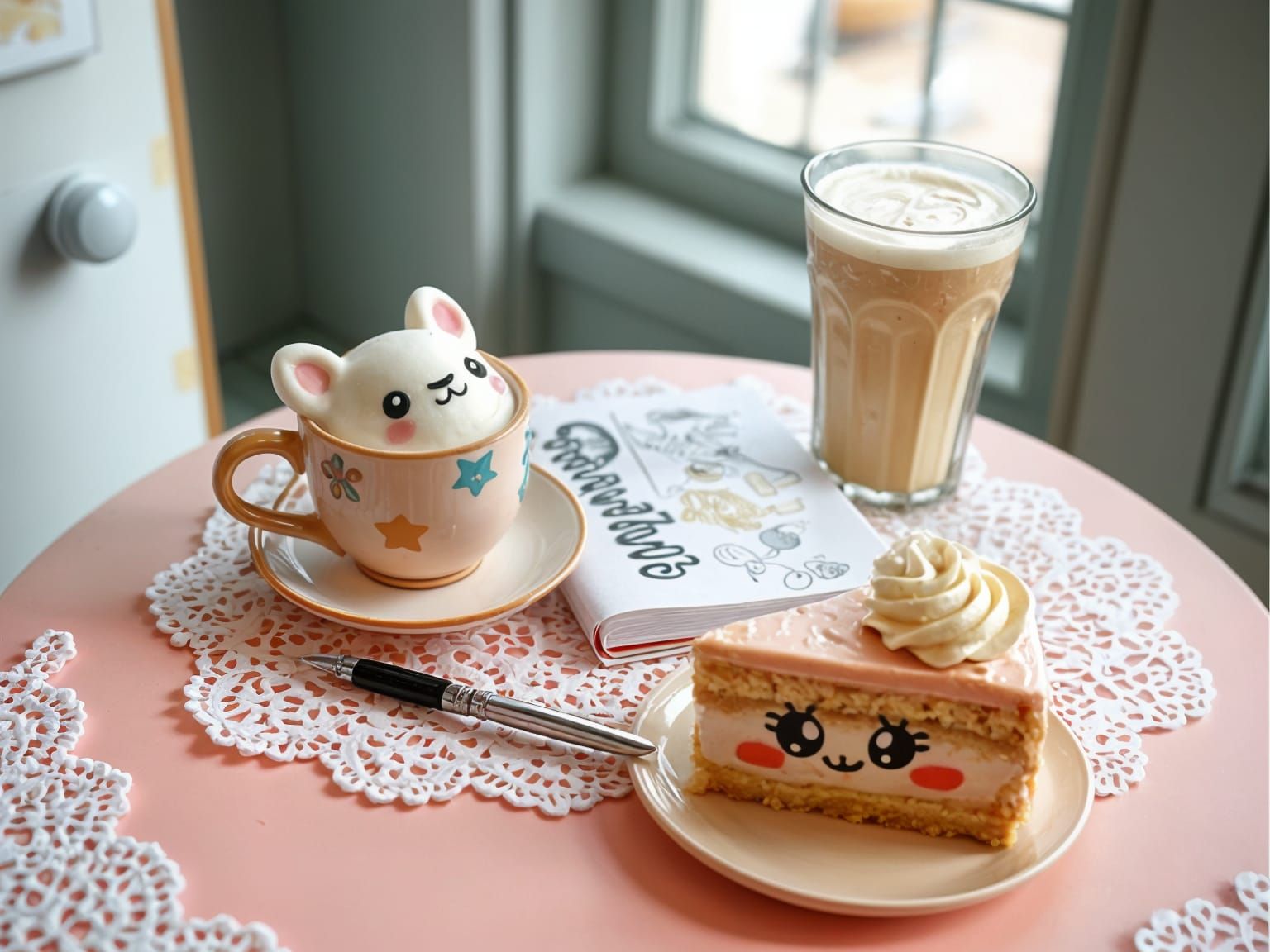 Kawaii Table with Coffee, Notebook, and Cake