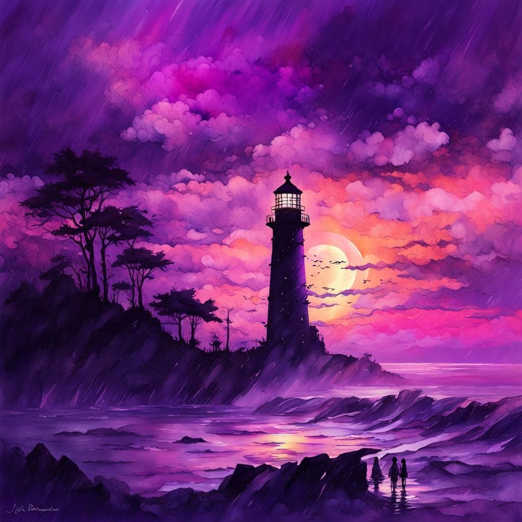 Purple Sunset Lighthouse Seascape in Cyberpunk Watercolor