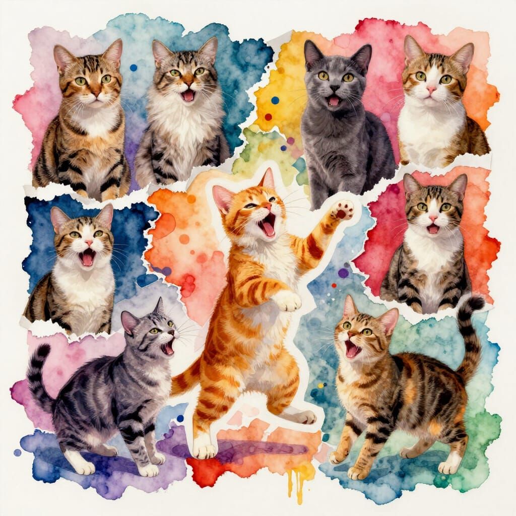 Vibrant Cat Collage: Singing and Dancing Felines