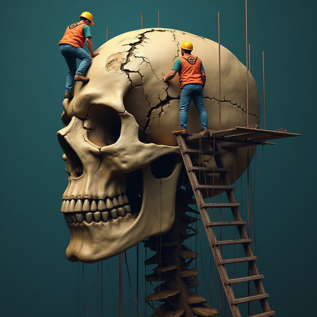 Weathered Man's Cranium Under Repair in a Fantastical World