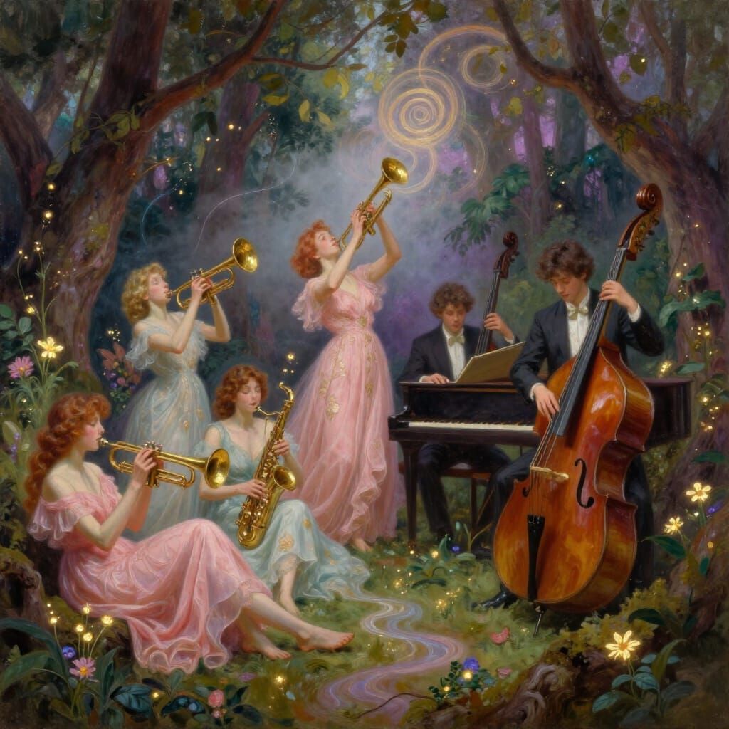 Whimsical Jazz Ensemble in Dreamlike Forest Clearing