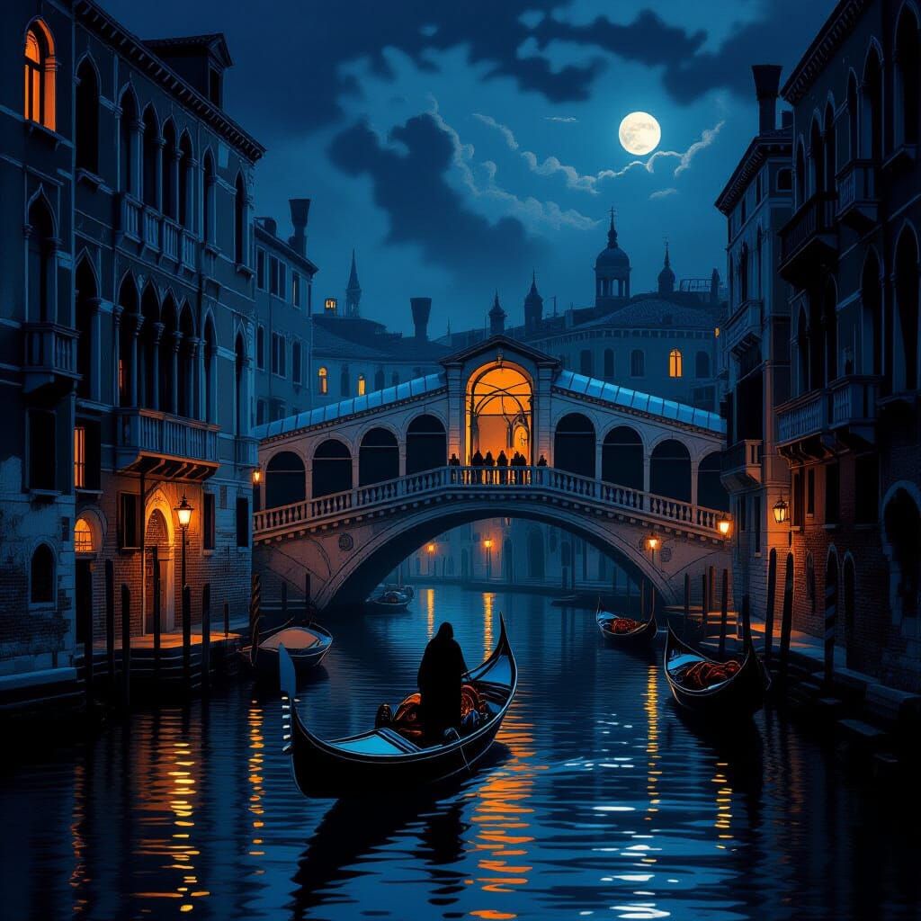 Venice at Night: Ghostly Monk and Gondola on Canals