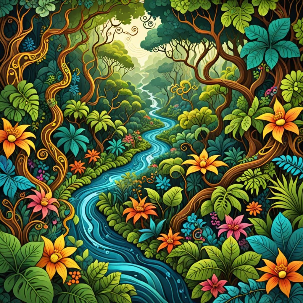 Psychedelic Rainforest Valley with Fractal Curves