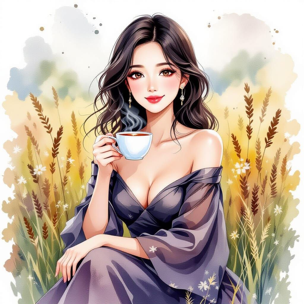 Woman Enjoying Tea in Watercolor Ink Splatter Style