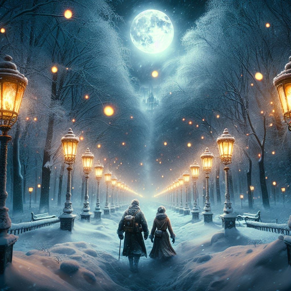 Snowy Park Hike with Gas Lanterns in 4K