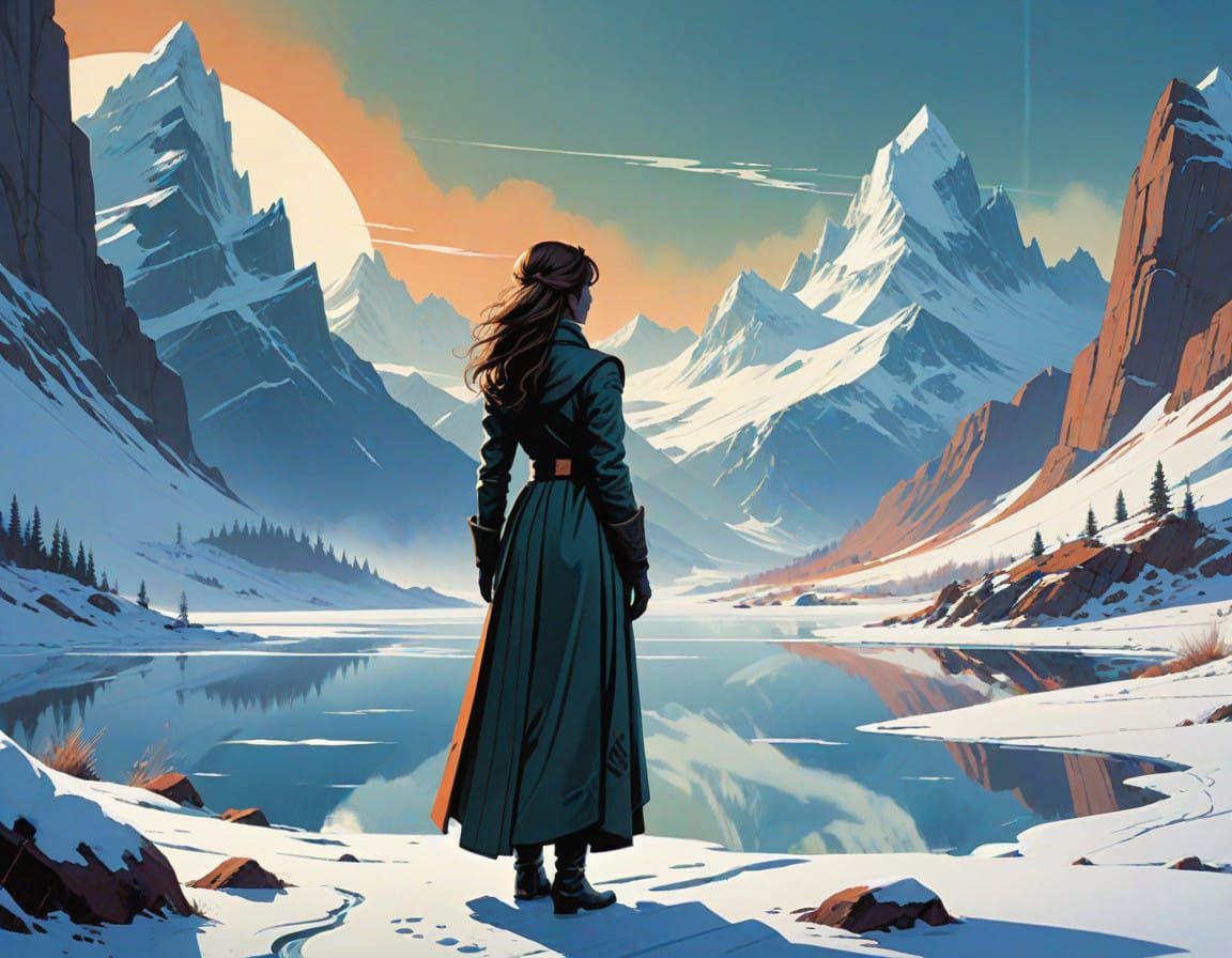 Regal Woman in Snowy Mountain Landscape