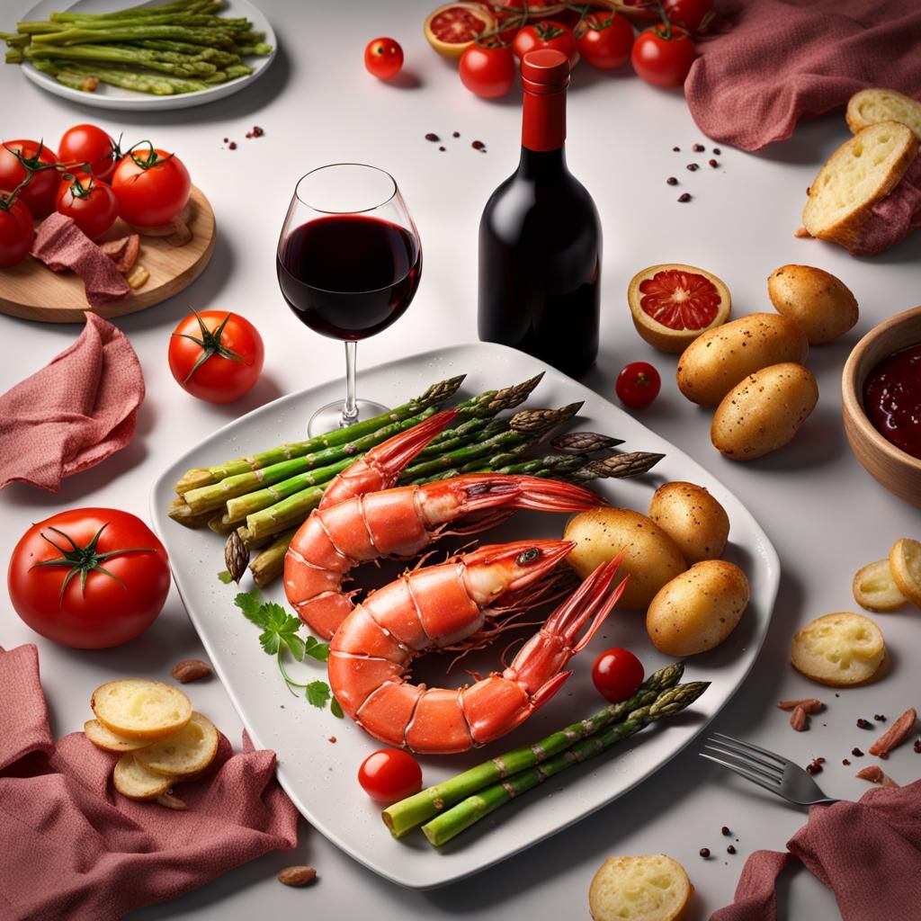 Still Life: Prawns, Potatoes, Wine in Detailed Matte Paintin...