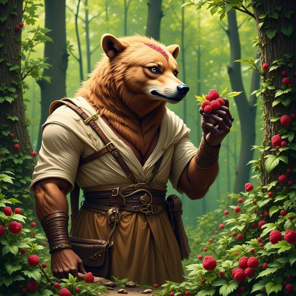 Human-Bear Hybrid Feasting on Raspberries in Lush Forest
