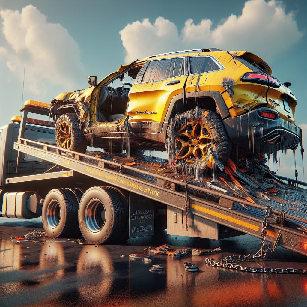 Wrecked Jeep Cherokee Trailhawk on Tow Truck