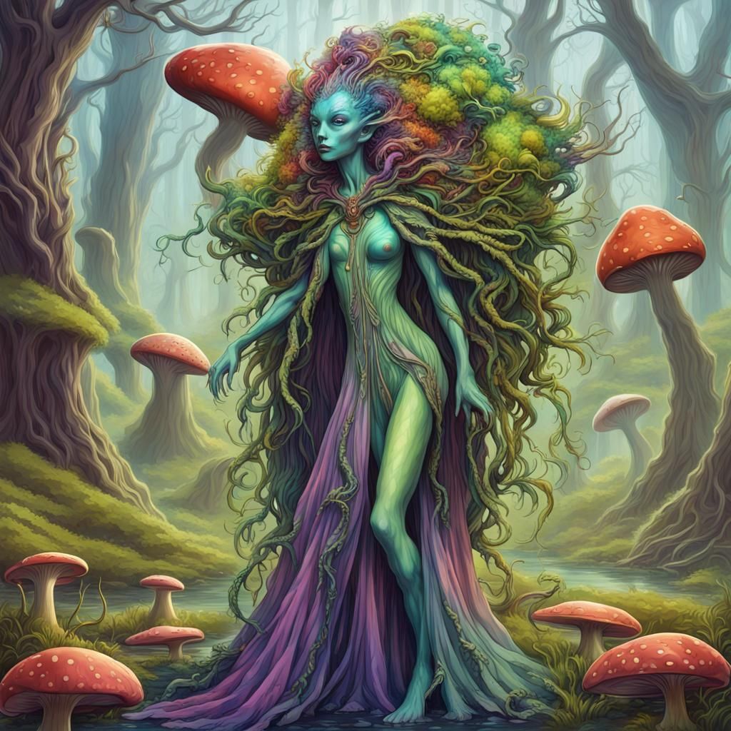 Alien Plant Queen in a Surreal Forest