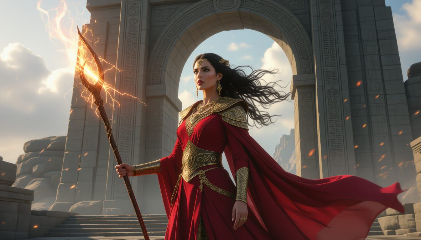 Sorceress with Staff Before Arcane Archway