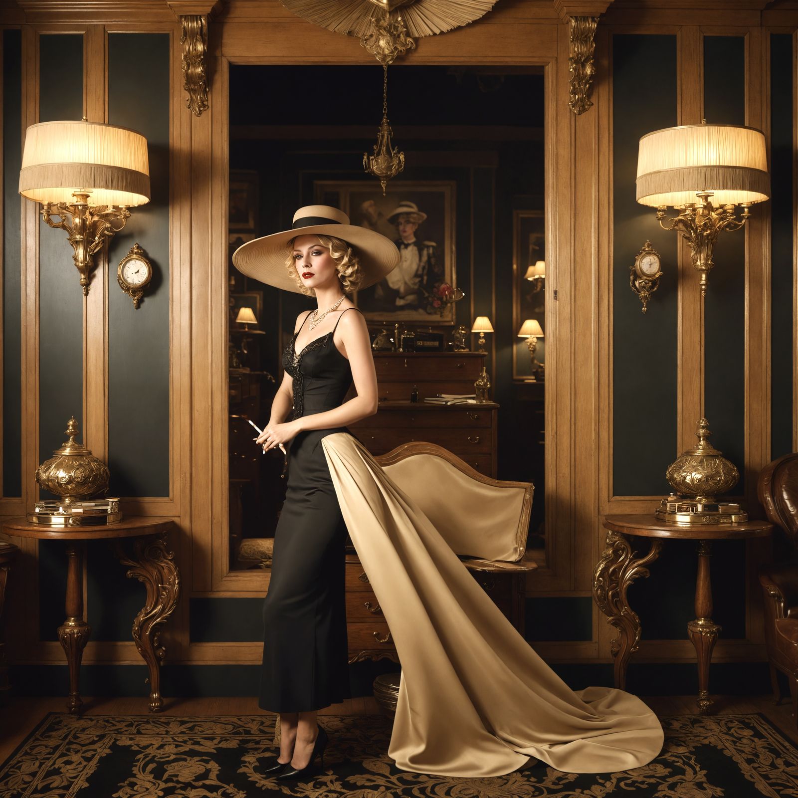 <lora:1920s Flapper:1.0> A blonde woman with a large hat lea...