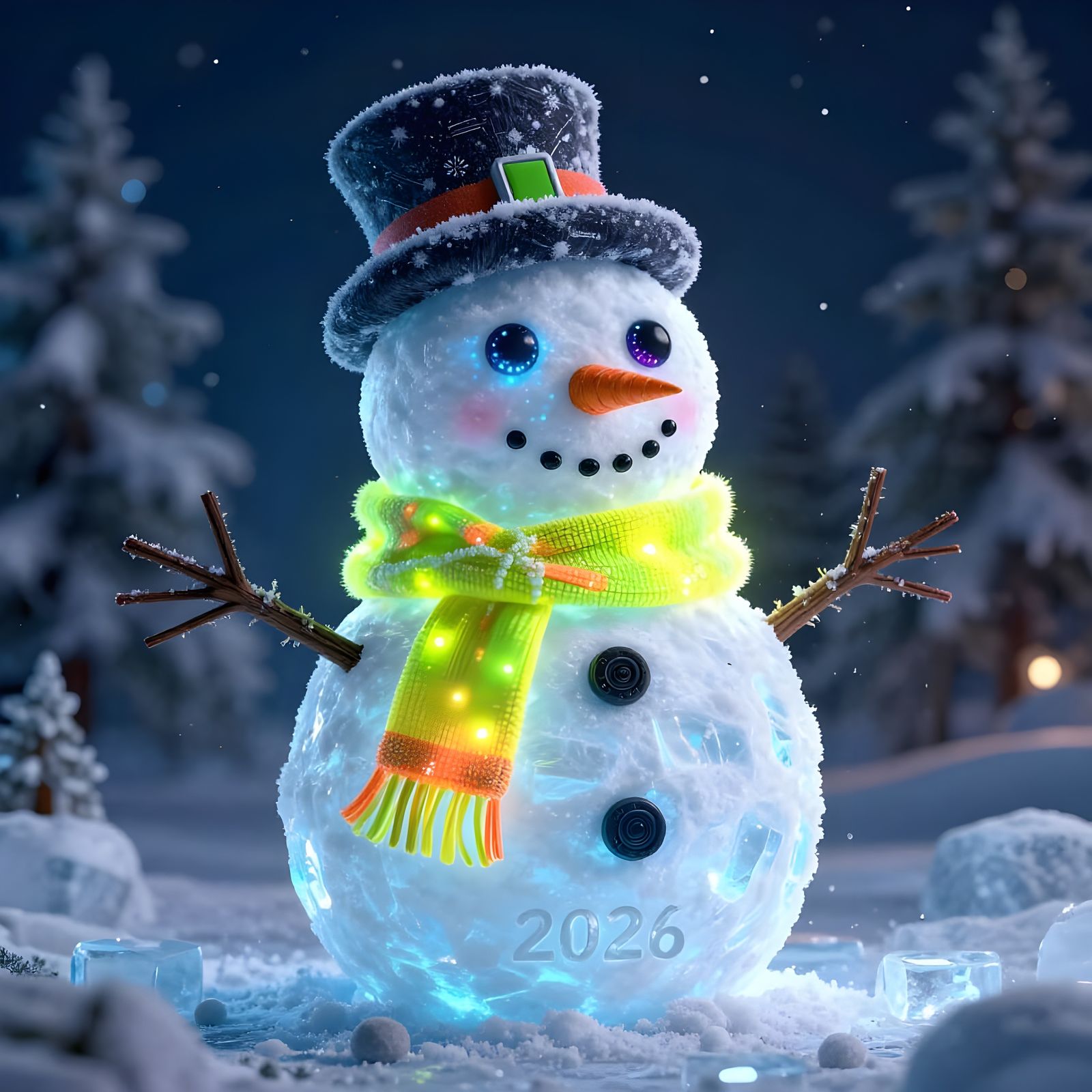 Retro-Futuristic Snowman with Neon Accents
