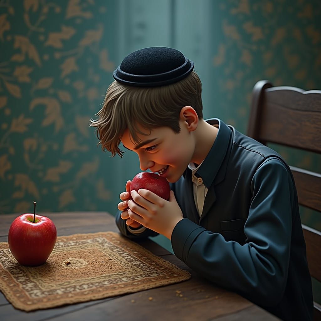 Smiling Orthodox Jewish Boy Basks in Serene Moment with Appe...