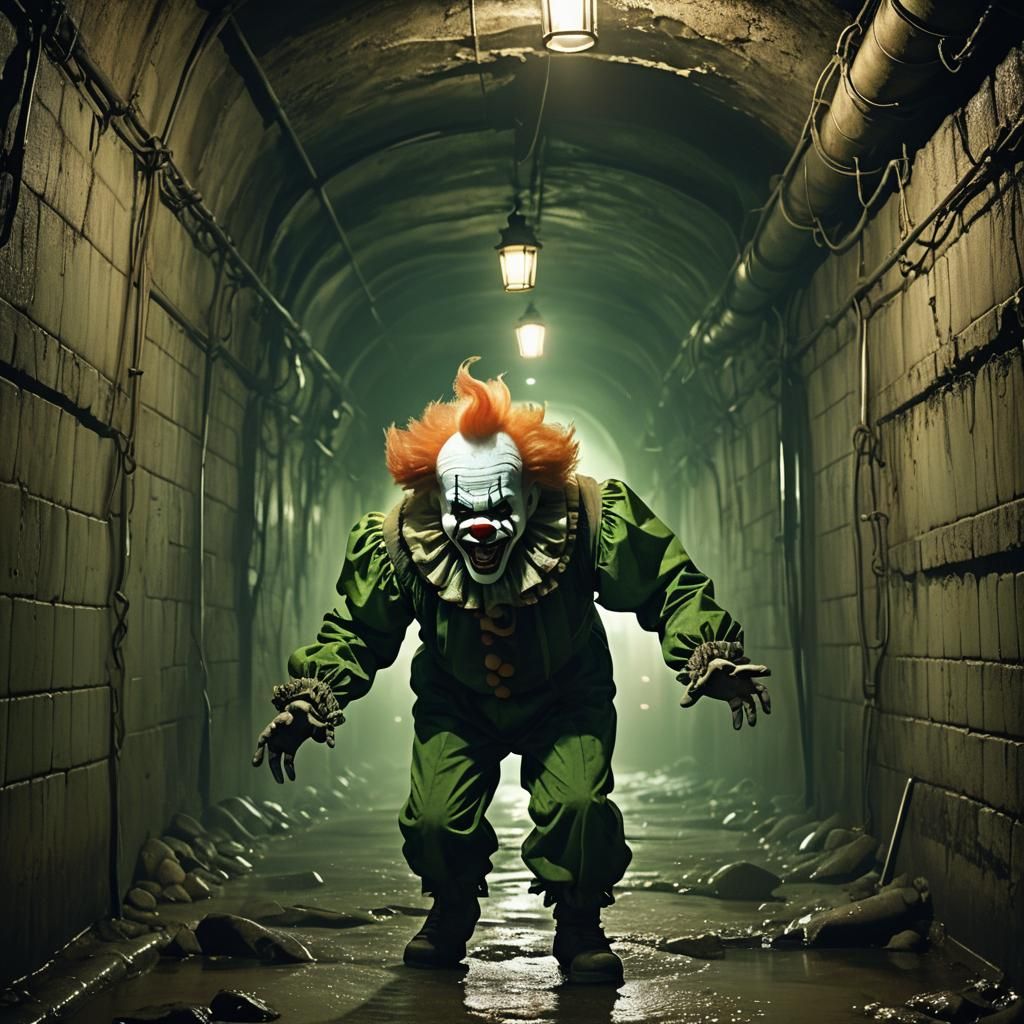 Terrifying Clown Chases Person in Dark Sewer