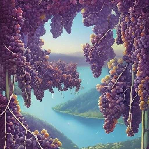 Surreal Vineyard with Bioluminescent Grapes and Floating Str...