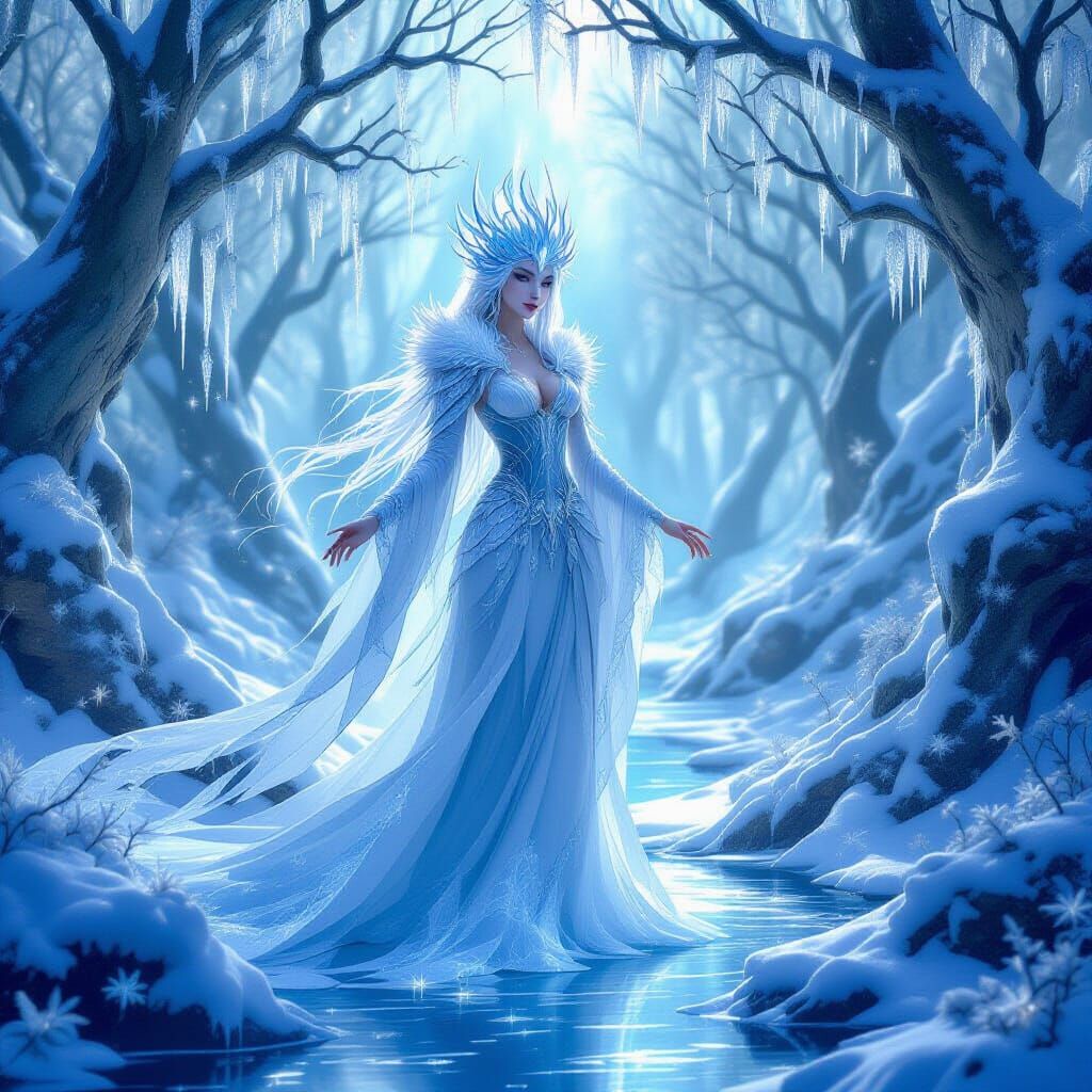 Ethereal Ice Goddess in Winter Forest