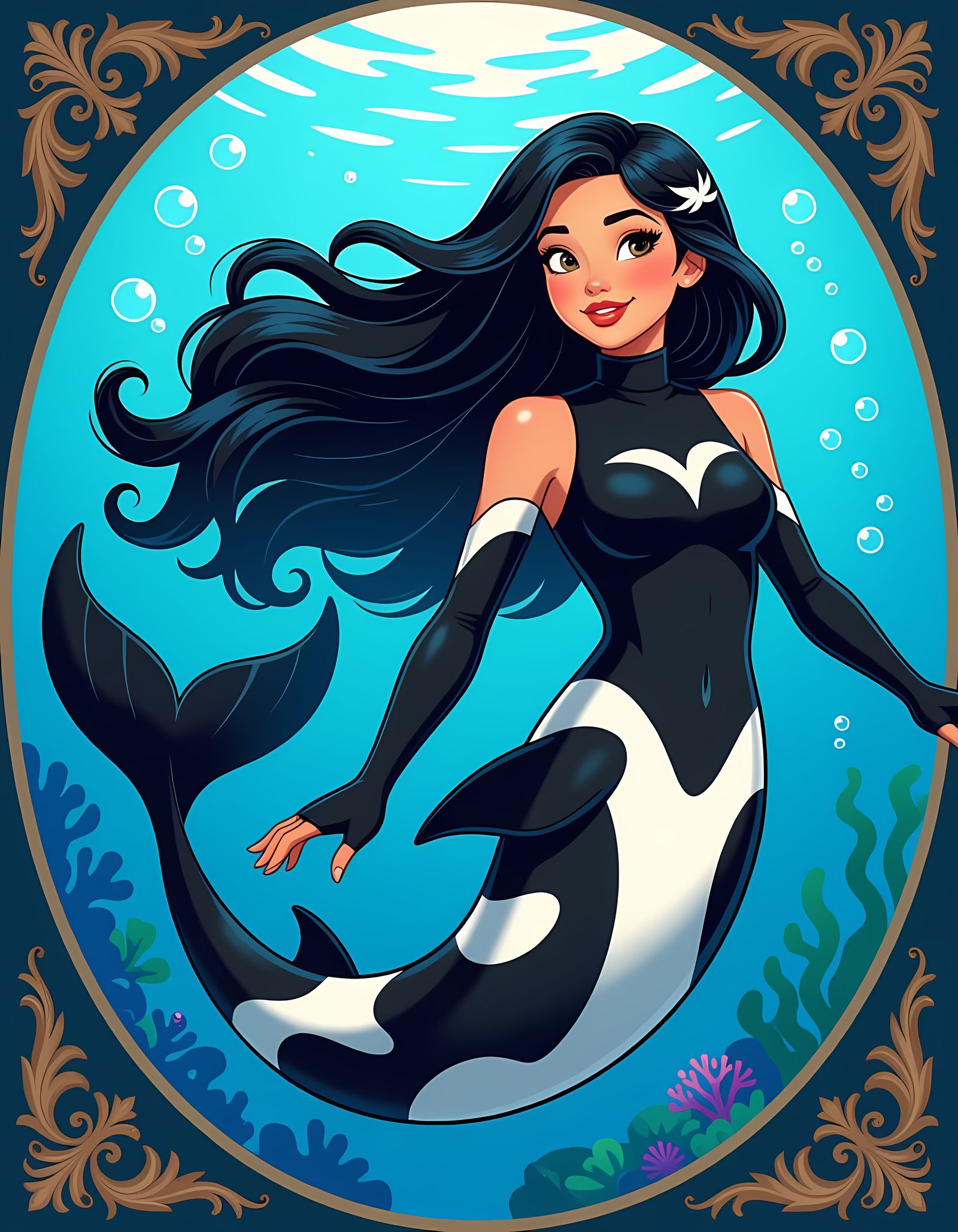 Orca Mermaid Warrior in Vibrant Underwater World