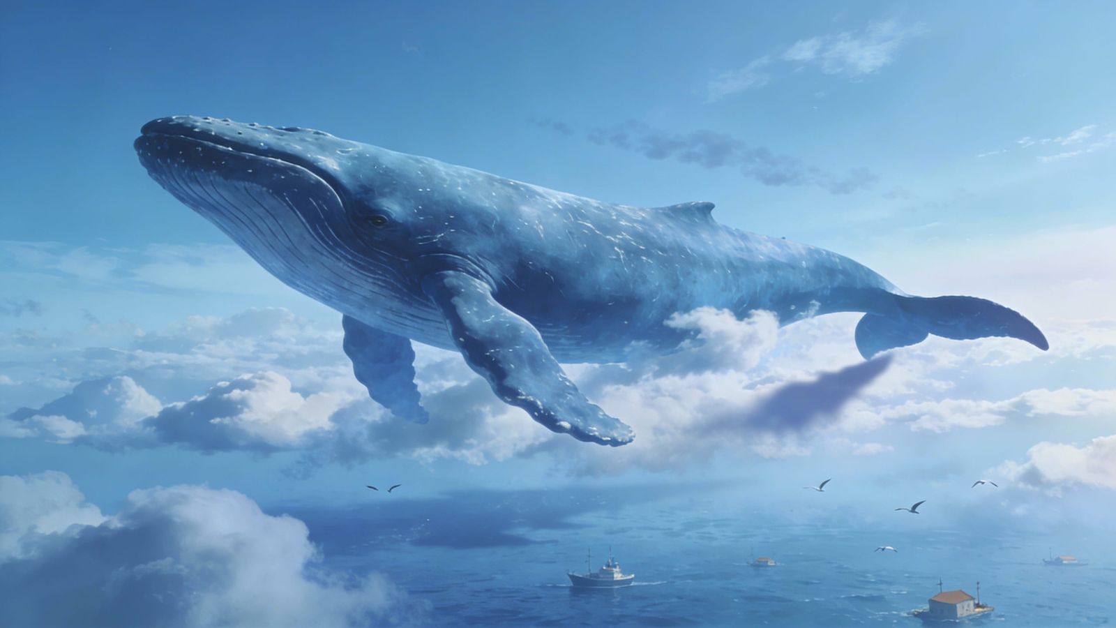 Blue Whale Swims Through Sky in Surreal Dreamlike Scene