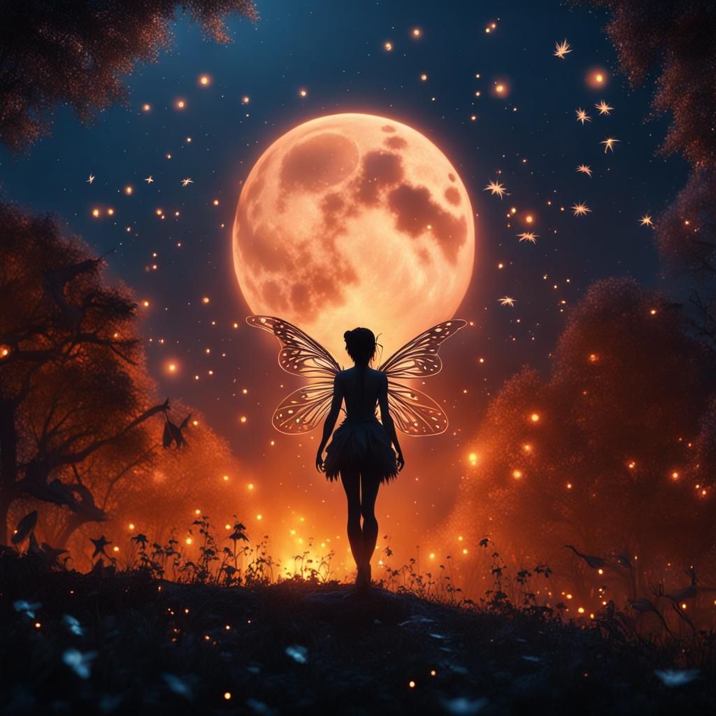 Fairy Silhouette Surrounded by Fireflies: Fantasy Concept Ar...
