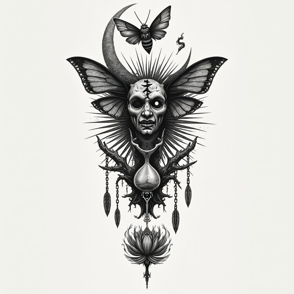Gothic Fantasy Tattoo: Moth, Oni, Hourglass Design