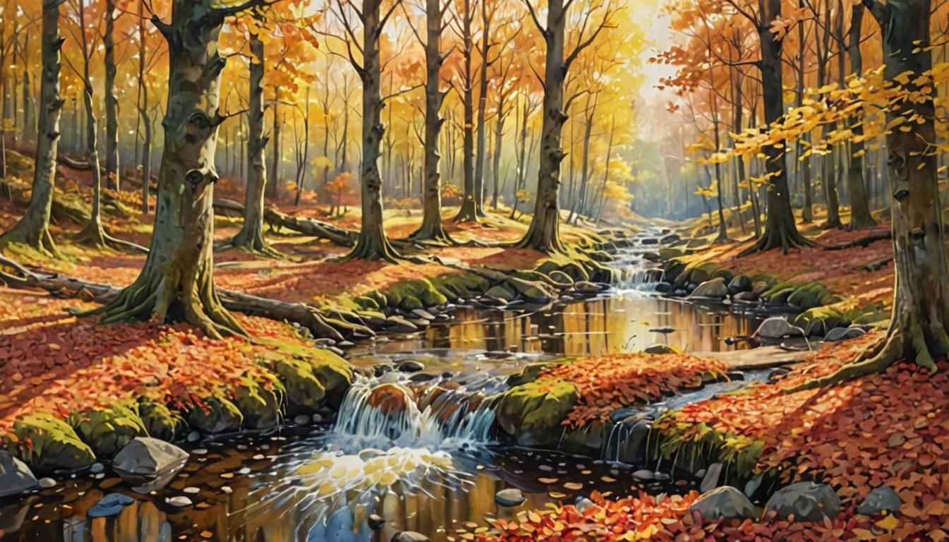 Autumn Forest Stream in Watercolor Style