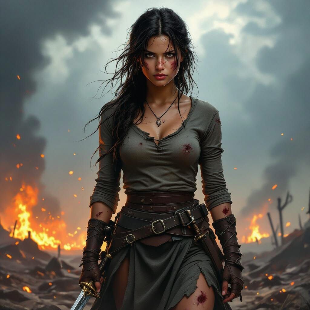 Weary Warrior Girl Clutches Dagger in War-Torn Landscape