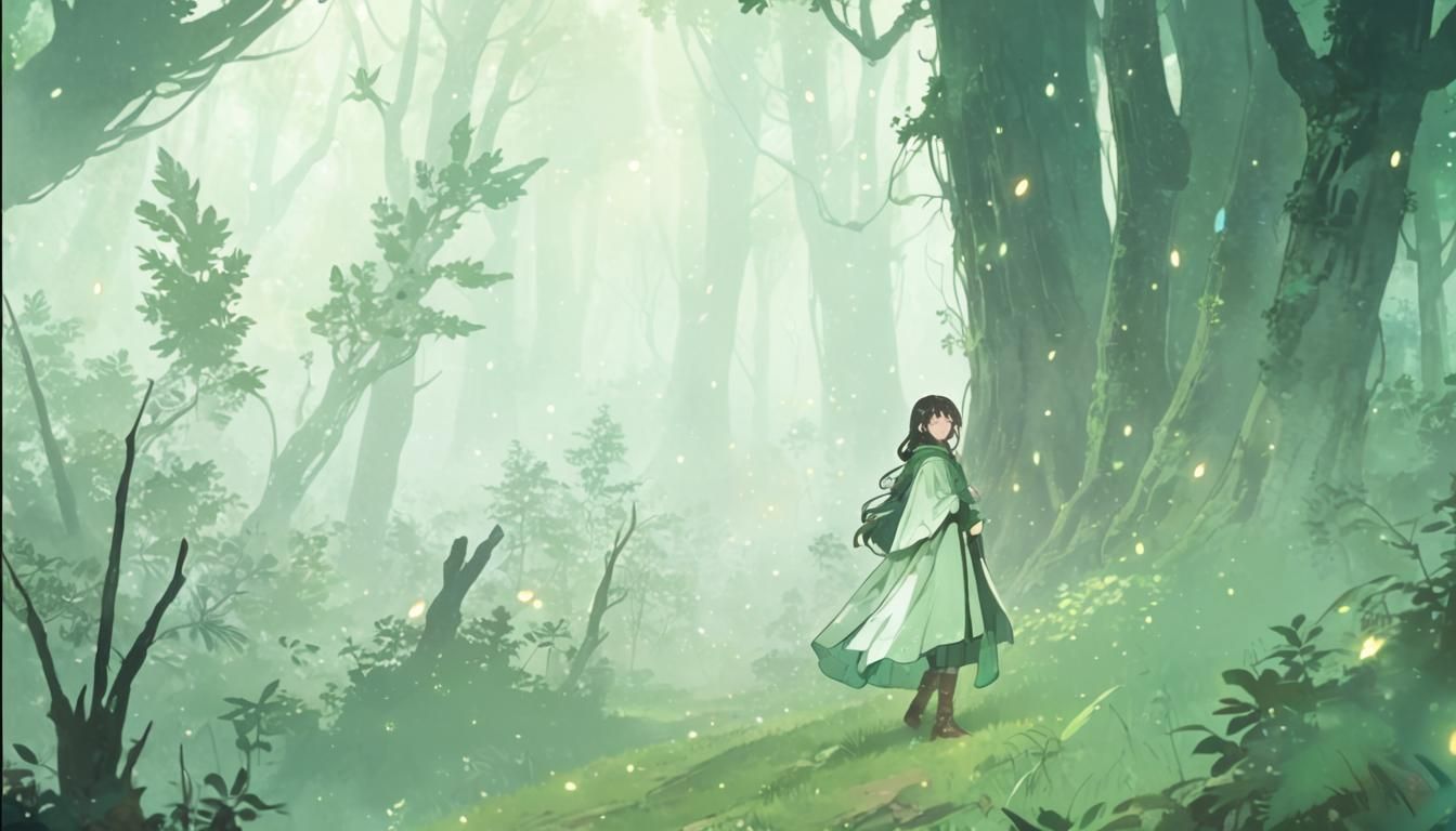 Anime Woman in Enchanted Forest with Fireflies