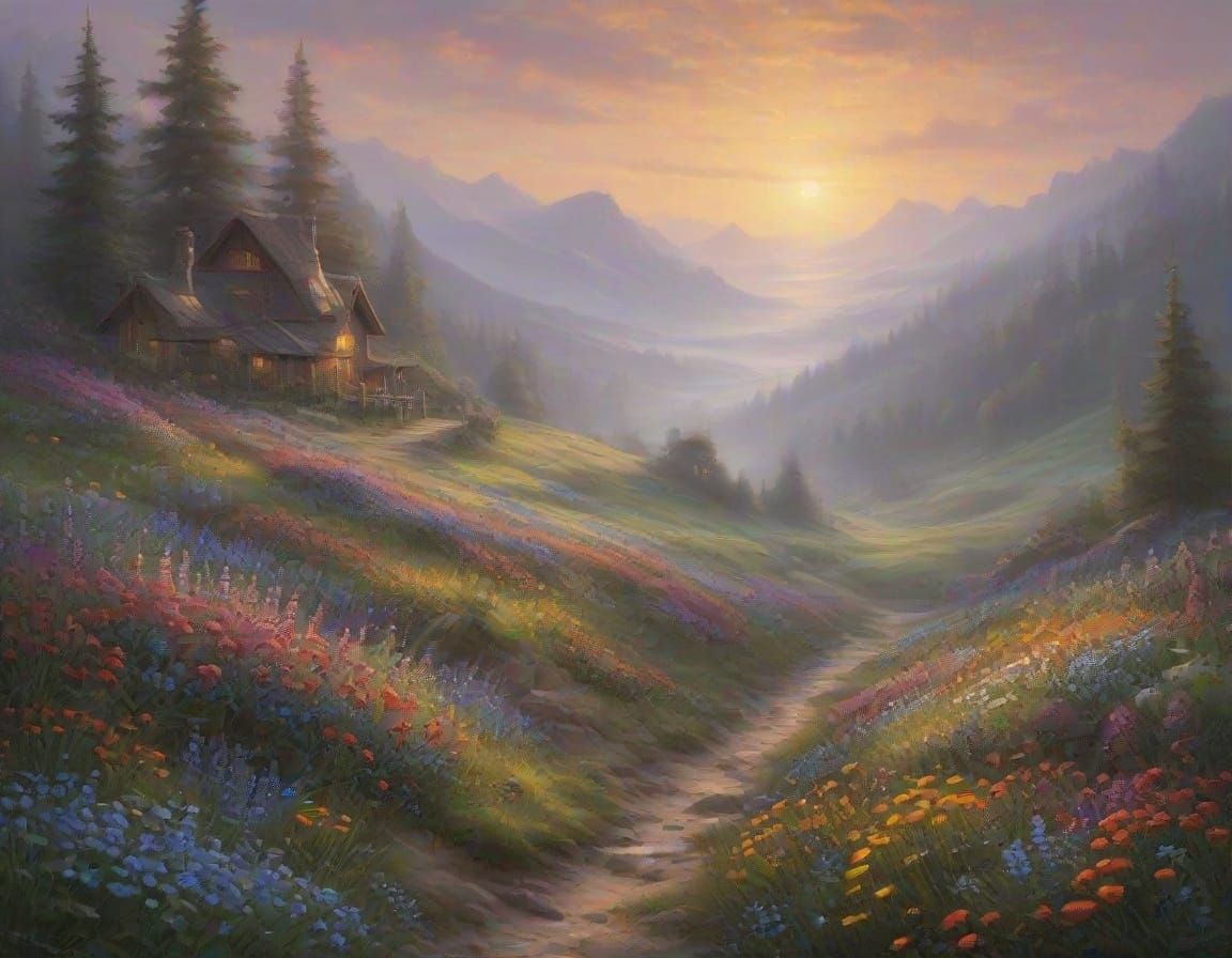 Sunlit Valley of Wildflowers in Thick Impasto Paint