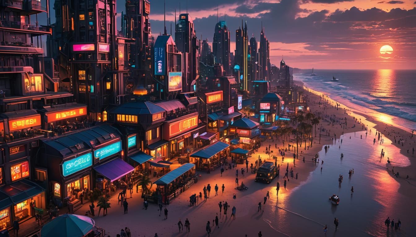 Neon Gothic Solarpunk City at Sunset, Photorealistic