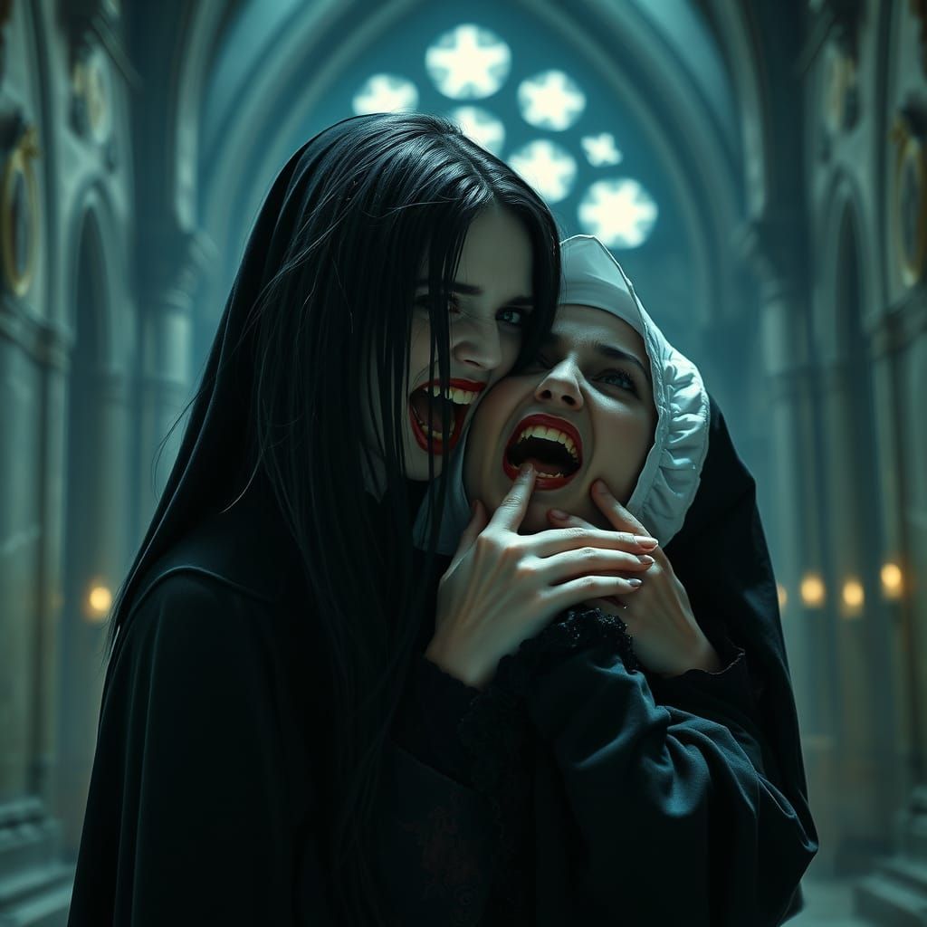Dark Gothic Vampire Bites Nun in Haunting Abbey Scene