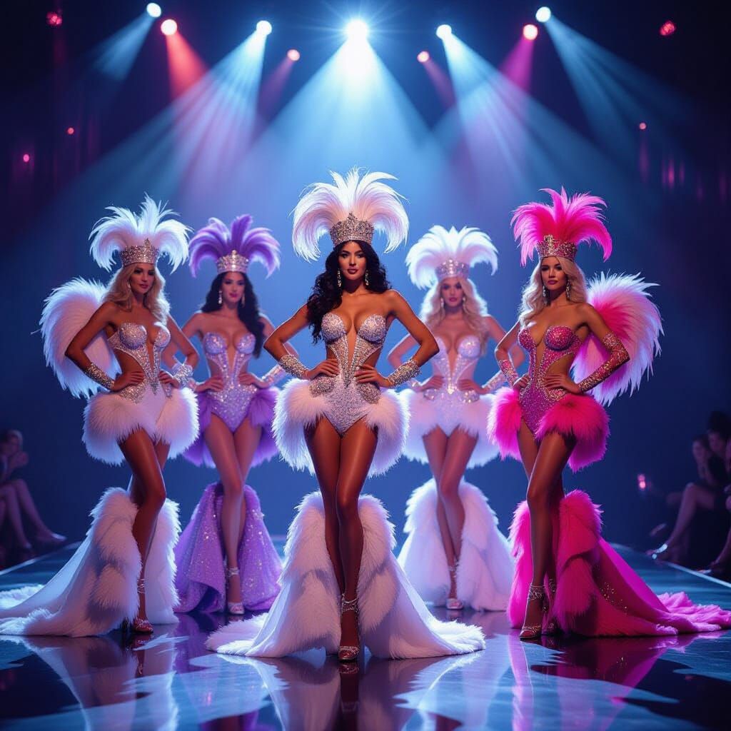 Showgirls in Elaborate Costumes on Stage