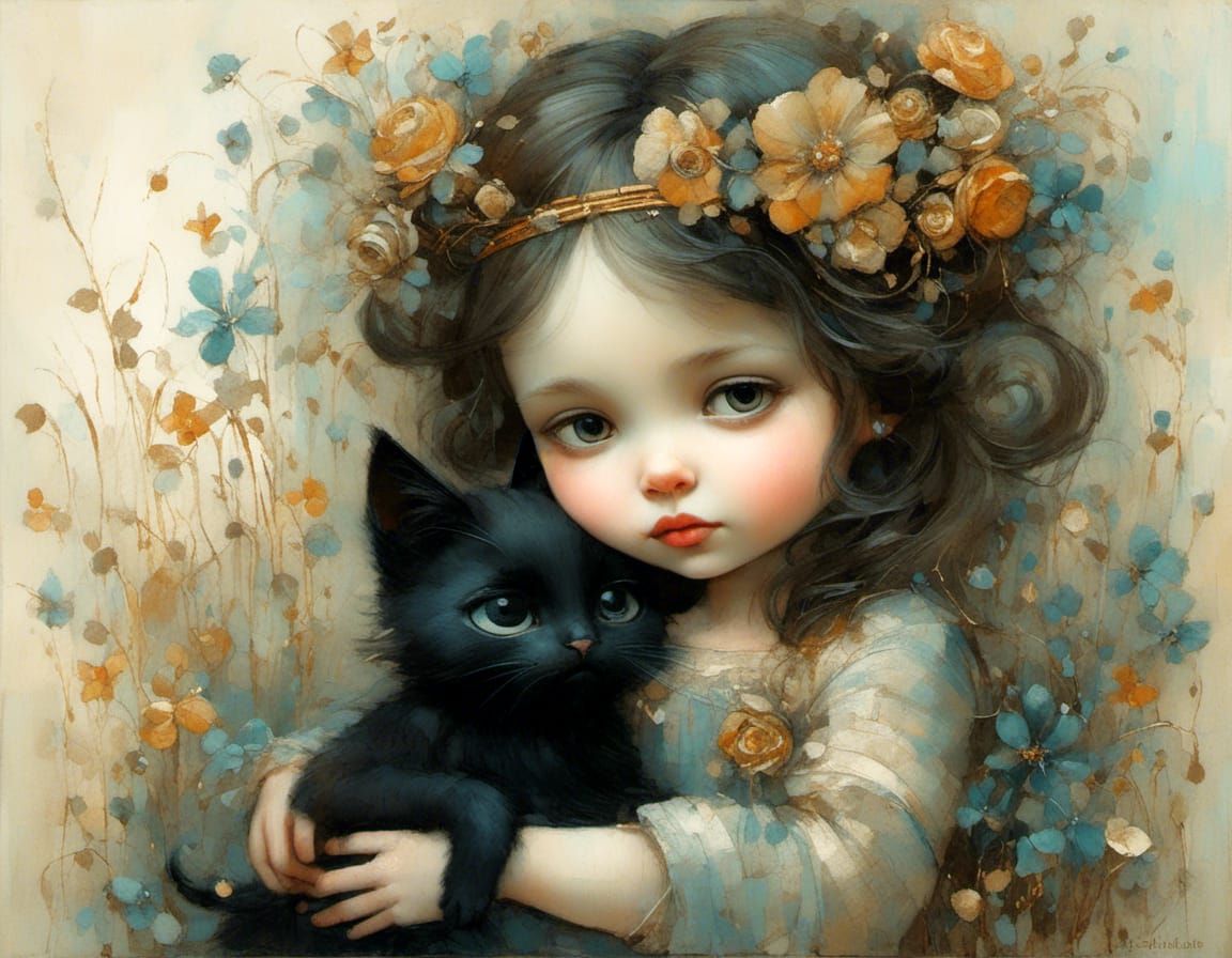 Girl Cuddling Black Cat in Whimsical Style