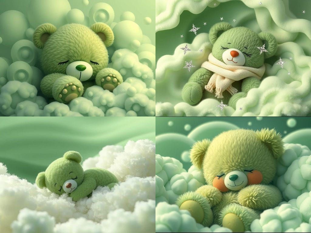 Cute Green Teddy Bear Asleep in Light Green Clouds