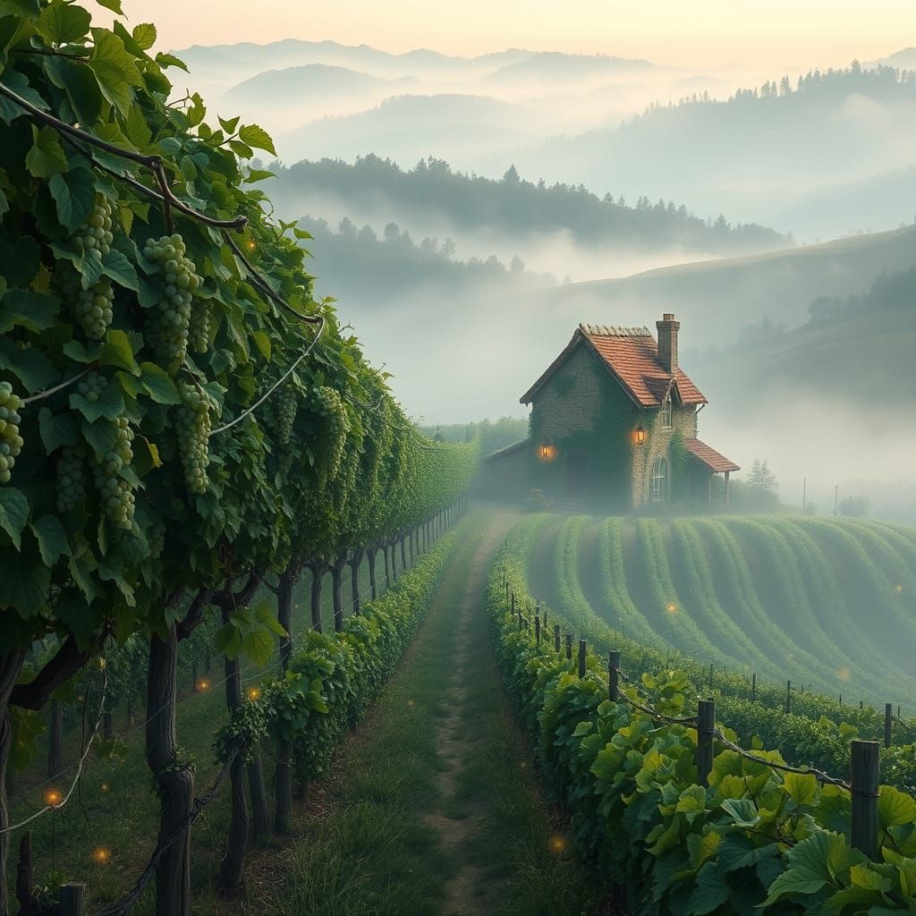 Serene Vineyard Landscape in Soft Morning Light