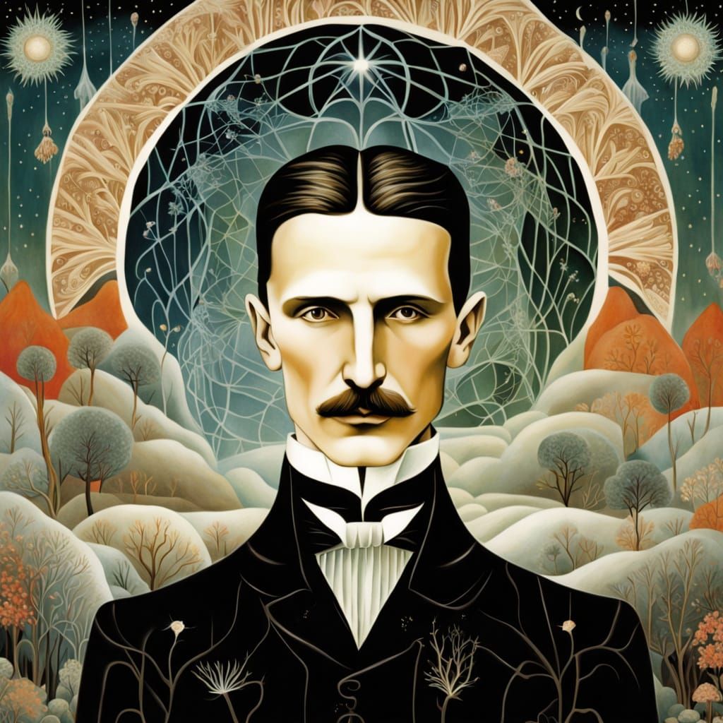 Ethereal Portrait of Nikola Tesla in Vibrant Dreamscapes