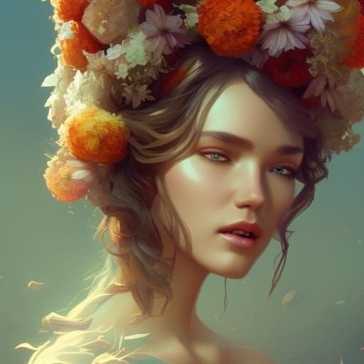 Floral Crowned Woman: Art Nouveau Portrait