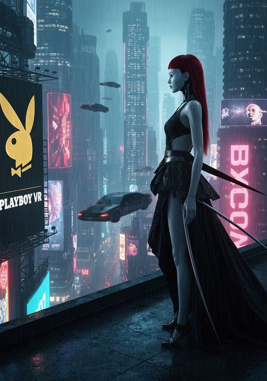 Solitary Android Overlooking Neon Cyberpunk Cityscape