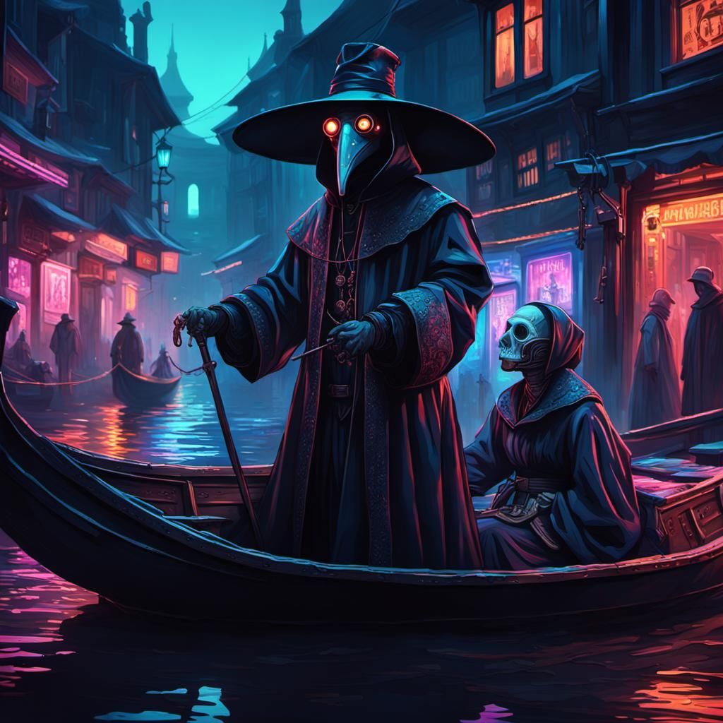 Cyberpunk Plague Doctor in Neon Venice